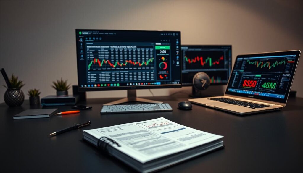A thoughtfully designed workspace with a variety of forex educational tools scattered across a clean, minimalist desk. In the foreground, a high-quality trading journal and a set of well-organized technical analysis indicators sit atop a matte black surface. The middle ground features a large, high-resolution monitor displaying a comprehensive forex trading course, its content elegantly rendered in a professional, easy-to-navigate interface. In the background, a sleek, state-of-the-art laptop is open, showcasing a suite of cutting-edge charting and strategy backtesting software. Soft, diffused lighting casts a warm, productive glow over the entire scene, creating a sense of focus and educational mastery.