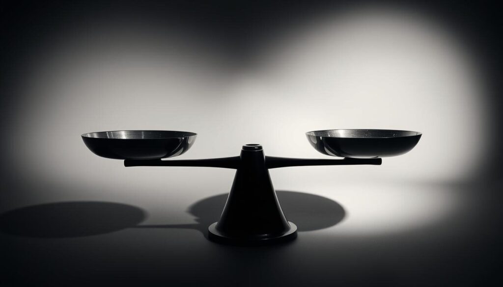 A tightly-framed, high-resolution photograph of a meticulously balanced balance scale, delicately poised between the concepts of "leverage" and "liquidity". The scale's pans are constructed from sleek, stainless steel with a polished, reflective surface. Casting a sharp, dramatic shadow on a muted, gray background, the scale is illuminated by a single, powerful sidelight that casts deep, dramatic shadows, emphasizing the scale's precise balance and the tension between its two components. The overall mood is one of careful equilibrium, professional poise, and the importance of risk management in the world of Forex trading.
