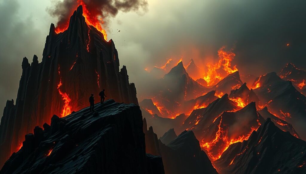 A towering inferno of financial risk, with jagged edges of leveraged positions casting ominous shadows. In the foreground, a precarious balance of margin trading instruments teeters on the edge of a precipice, the backdrop a maelstrom of volatility and uncertainty. Streaks of red and orange lick at the edges, hinting at the potential for catastrophic loss. The scene is bathed in an ominous, dramatic lighting, creating a sense of foreboding and the ever-present danger that lurks within the world of leveraged trading.