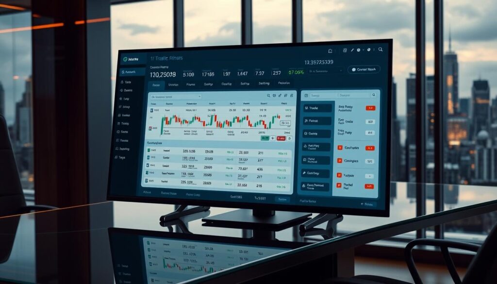 A trading account displayed on a sleek, glass-paneled desk in a modern office. The interface showcases various options and tools, such as candlestick charts, order entry forms, and risk management settings, all illuminated by warm, directional lighting. The background features a cityscape of skyscrapers, conveying a sense of financial hub and opportunity. The overall atmosphere is one of professionalism, technological sophistication, and the thrill of the markets.