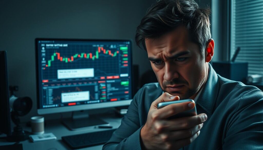 A trading platform with a distressed and uneasy atmosphere. In the foreground, a frustrated investor gripping a smartphone, their face contorted with concern. The middle ground depicts a cluttered computer screen displaying erratic stock charts and notifications of withdrawal issues. In the background, a dimly lit office setting with a sense of unease, conveyed through muted colors and shadows. The lighting is harsh, creating sharp contrasts and a sense of tension. The overall composition evokes a feeling of unease and uncertainty surrounding the platform's withdrawal capabilities.