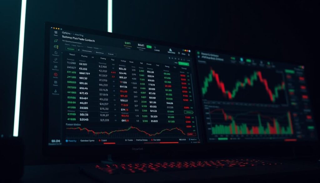 A trading platform with a sleek, modern interface showcases various options contracts on a dark, high-tech background. Soft, directional lighting from the left illuminates the trading data, creating a sense of depth and focus. The platform features intuitive charts, trade execution tools, and a clean, uncluttered layout that enables efficient analysis and decision-making. The overall atmosphere conveys a professional, cutting-edge environment suitable for active traders exploring forex and CFD opportunities.
