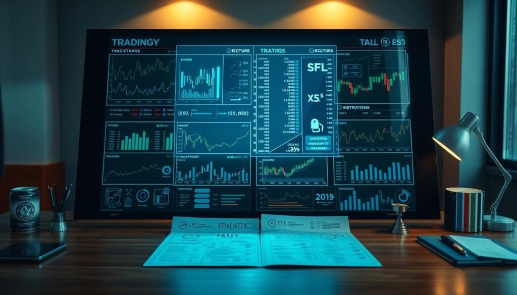 A trading strategies comparison board displayed on a wooden desk, with various financial charts, graphs, and analytical tools meticulously arranged. The foreground features a series of trading strategies, each represented by a unique icon or symbol, allowing for a clear visual comparison. In the middle ground, a holographic display projects real-time market data, providing insights and decision-making support. The background is softly lit, creating a professional and focused atmosphere, with subtle shadows and depth to enhance the three-dimensional effect. The overall composition conveys a sense of strategic planning, informed decision-making, and the diverse approaches available to both professional and beginner oil traders.