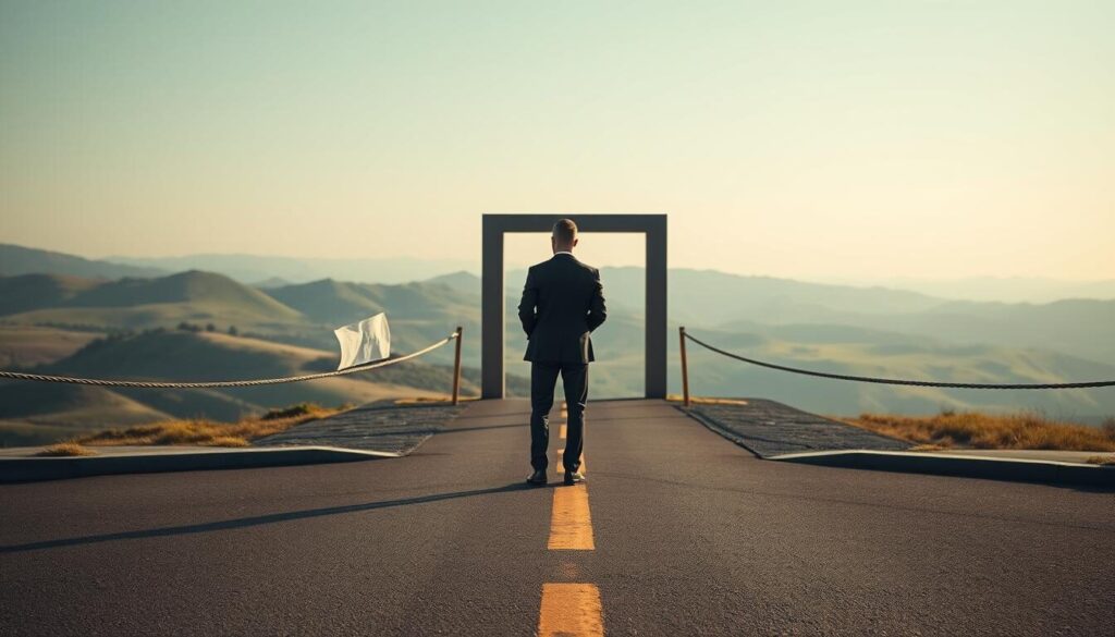 A tranquil scene of a cross-border forex recovery, where a person stands at the boundary line, contemplating their next steps. The foreground features a person in a suit, holding financial documents, with a focused yet hopeful expression. The middle ground depicts a symbolic gateway, representing the transition between legal and financial recovery resources. In the background, a serene landscape with rolling hills and a clear sky, conveying a sense of possibility and resolution. The lighting is soft and natural, creating a calming atmosphere. The camera angle is slightly elevated, giving a sense of perspective and emphasizing the interconnectedness of the elements. The overall mood is one of determination and optimism, reflecting the resilience of the individual navigating the complex process of forex recovery.
