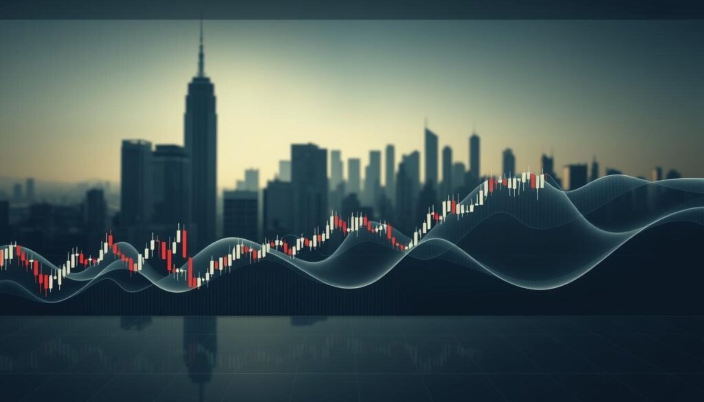 A transparent forex trading platform against a backdrop of shadowy financial data. In the foreground, a series of candlestick charts and market indicators float in a sleek, minimalist interface. The middle ground features an abstract 3D representation of market fluctuations, with waves of price data flowing and pulsing. In the distant background, a cityscape of towering skyscrapers stands as a symbol of the global financial system. Soft, directional lighting illuminates the scene, creating a sense of depth and emphasizing the transparency and complexity of the forex market.
