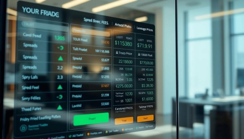A transparent, glass-like display showing the detailed pricing information of a forex trading platform. The foreground features a sleek, modern interface with clean typography and well-organized data visualizations, conveying a sense of professionalism and transparency. The middle ground showcases various financial metrics such as spreads, fees, and leverage offers, presented in a clear and easy-to-understand manner. The background is a softly blurred, minimalist setting, allowing the pricing information to take center stage. The lighting is bright and natural, creating a sense of openness and clarity. The overall mood is one of trust, reliability, and attention to detail, reflecting the high standards expected in the forex trading industry.