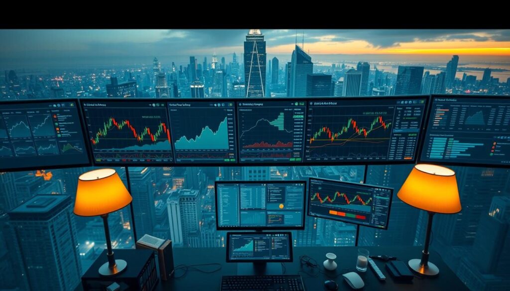 A vast cityscape with towering skyscrapers and a dynamic financial district in the foreground. In the center, a trader's desk with multiple screens displaying stock charts, financial data, and risk management dashboards. Detailed graphs and visualizations showcase various leveraging strategies and risk mitigation techniques. The lighting is a mix of warm tones from desk lamps and cool, blue-hued tones from the digital displays, creating a sense of intensity and focus. The scene is captured from an elevated angle, conveying a sense of control and oversight over the complex world of trading and risk management.