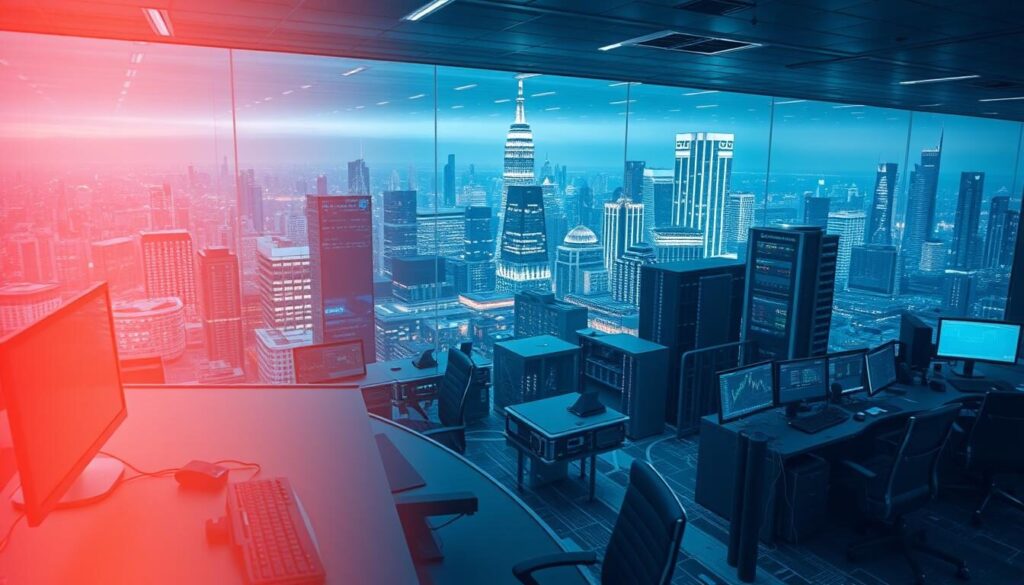 A vast digital landscape of interconnected financial institutions, pulsing with the rhythm of real-time transactions. In the foreground, a sleek trading desk with state-of-the-art terminals, where brokers navigate the interbank market, executing trades with precision and lightning speed. The middle ground reveals a complex network of servers and cables, the backbone of the global financial system. In the background, a cityscape of gleaming skyscrapers, a testament to the power and influence of the banking industry. Soft, diffused lighting creates a sense of professional sophistication, while a subtle tone of blue and gray conveys the steady, reliable nature of the interbank market. The overall atmosphere is one of efficient, technology-driven financial operations, where a-book brokers thrive in the heart of the global economy.