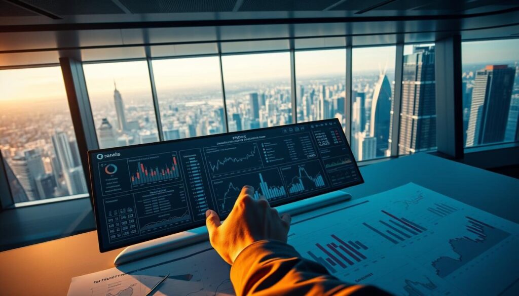 A vast expanse of finance data, charts, and graphs stretches across a sleek, modern desk. In the foreground, a pair of steady hands manipulate a sophisticated risk management dashboard, meticulously monitoring key indicators and simulating potential scenarios. The lighting is crisp and directional, casting dramatic shadows that emphasize the gravity of the task at hand. In the background, a panoramic window offers a breathtaking view of a bustling financial district, underscoring the high-stakes world of global markets. The overall atmosphere conveys a sense of control, foresight, and the pursuit of optimal leverage to navigate the complexities of the forex landscape.