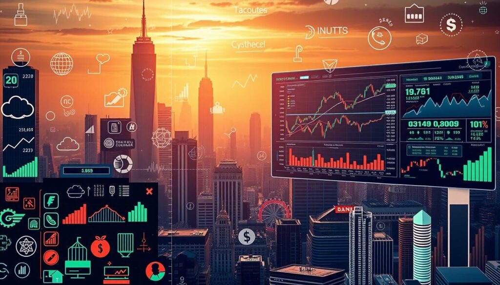 A vibrant and diverse array of tradable financial instruments, captured in a sleek and modern composition. In the foreground, a dynamic display showcases a range of assets including stocks, bonds, commodities, currencies, and derivatives, each represented by their distinct icons and symbols. The middle ground features a data visualization dashboard, with real-time market data and analytics projected onto a large, high-resolution screen. In the background, a city skyline with towering skyscrapers and a bustling financial district sets the scene, illuminated by a warm, golden-hour lighting that casts a sense of energy and opportunity. The overall aesthetic is clean, minimalist, and technologically advanced, reflecting the sophistication and complexity of the modern trading landscape.