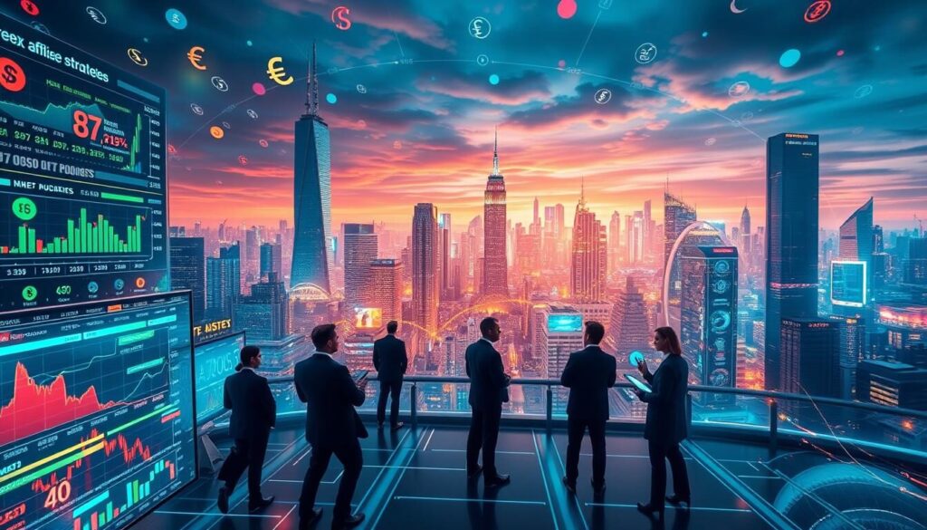 A vibrant and dynamic business landscape with a central focus on forex affiliate strategies. In the foreground, digital displays showcase various investment opportunities and trading platforms, surrounded by a network of currency symbols and data visualizations. The middle ground features finance professionals in formal attire, engaged in animated discussions and negotiations. In the background, a futuristic cityscape with towering skyscrapers and a vivid, neon-lit skyline reflects the fast-paced, global nature of the forex market. The scene is illuminated by a blend of warm and cool lighting, creating a visually striking and immersive atmosphere that captures the essence of a successful forex affiliate business.