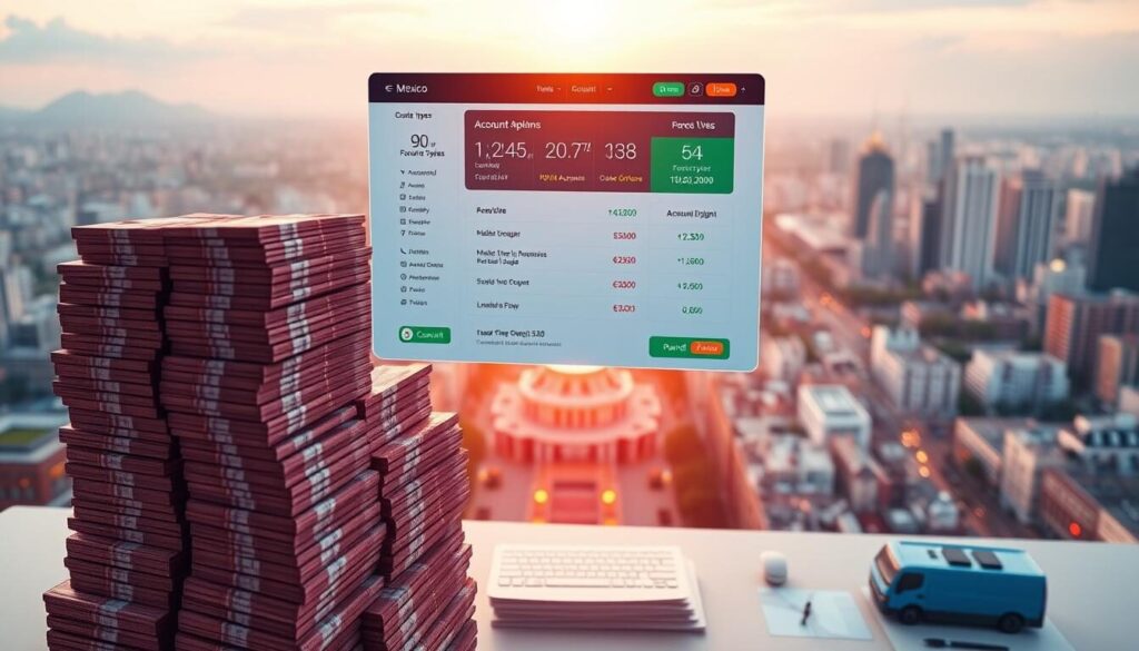 A vibrant and dynamic forex trading account display, showcasing various account types and options available for traders in Mexico. A large, immersive 3D scene with a clean, modern aesthetic. In the foreground, a sleek and intuitive user interface hovers, displaying account details and trading options. The middle ground features a towering stack of stacked Mexican peso bills, symbolizing the financial opportunities. In the background, a panoramic view of the Mexico City skyline, bathed in warm, golden hour lighting, creates a sense of urban prosperity. The overall mood is one of sophistication, technology, and financial empowerment, catering to the needs of the sophisticated Mexican forex trader.
