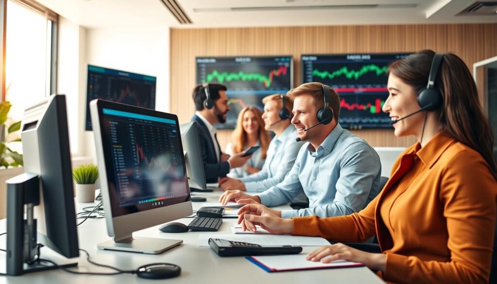 A vibrant and dynamic office scene showcasing various customer support channels for a thriving forex brokerage. In the foreground, a desk with a modern desktop computer, headset, and notepad, indicating active communication with clients. In the middle ground, several customer service representatives engaged in lively discussions, their expressions conveying attentiveness and professionalism. The background features a wall-mounted display showcasing real-time market data and a sleek, minimalist decor that reflects the brand's sophistication. Natural lighting floods the space, creating a warm and inviting atmosphere. The scene captures the essence of a well-equipped, responsive, and customer-centric forex brokerage.