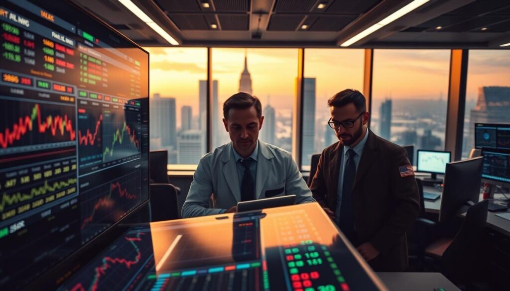 A vibrant and dynamic scene depicting the intricate world of trading costs and leverage. In the foreground, a financial dashboard displays real-time data, highlighting the key metrics that traders must navigate. The middle ground features a trio of traders, their expressions intense as they analyze charts and make critical decisions. Surrounding them, a sleek and modern trading floor, bathed in warm lighting and framed by large windows, conveying a sense of the high-stakes environment. The background showcases a cityscape, a vivid reminder of the global interconnectedness of the financial markets. The overall composition suggests the delicate balance between risk and reward that characterizes the trading experience.