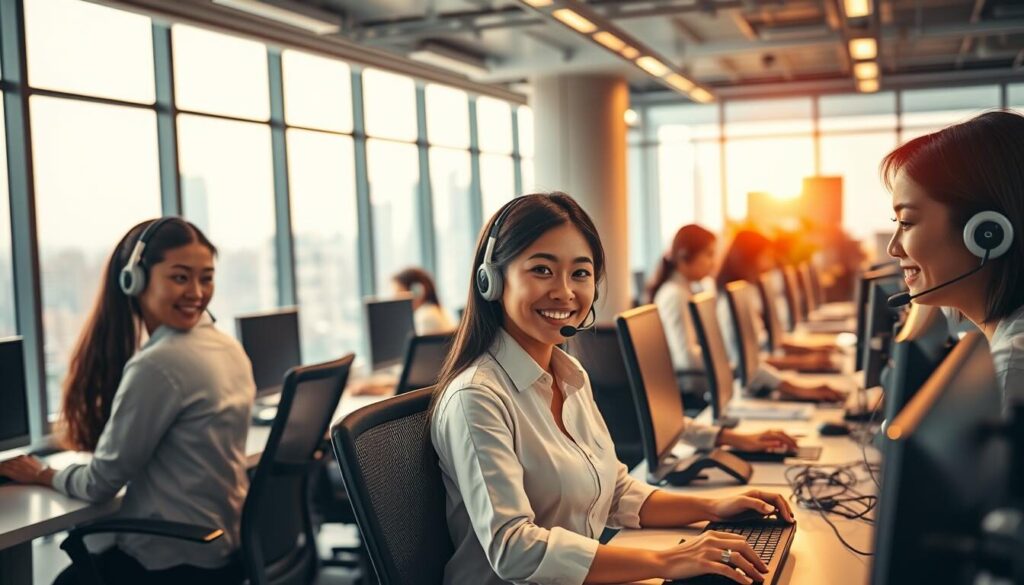 A vibrant, bustling office interior in Thailand, illuminated by warm, natural light flooding through large windows. In the foreground, a team of multilingual customer service representatives diligently assisting clients over the phone, their faces radiating patience and professionalism. The middle ground features a sleek, ergonomic workspace with state-of-the-art communication equipment, creating an efficient, technology-driven environment. In the background, a panoramic view of the Bangkok skyline, a testament to the 24/7 availability of this dedicated support center, catering to the diverse needs of Forex traders across Thailand. The overall atmosphere conveys a sense of reliability, responsiveness, and unwavering commitment to customer satisfaction.