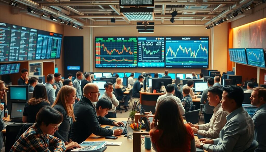 A vibrant, bustling trading community hub, with traders and enthusiasts interacting in a warm and supportive atmosphere. In the foreground, a diverse group of people are gathered around a central table, engaged in lively discussions and sharing insights. The middle ground showcases an open workspace with multiple trading stations, each bustling with activity. In the background, a large information display board presents real-time market data and news updates, creating a sense of connected, collaborative trading. The overall scene is illuminated by a warm, natural lighting, evoking a sense of camaraderie and shared purpose among the community.