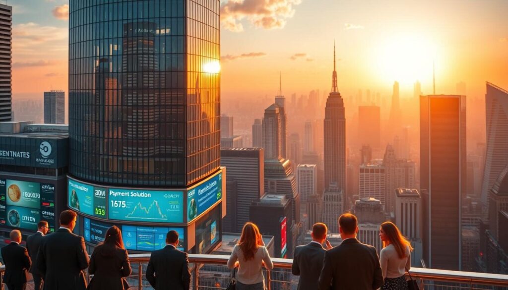 A vibrant cityscape bathed in warm, golden light, showcasing a diverse array of financial services. In the foreground, a group of well-dressed individuals engaged in animated discussions, representing the collaboration between liquidity providers. In the middle ground, a sleek, modern financial institution stands tall, its facade adorned with digital displays highlighting the latest currency exchange rates and payment solution offerings. In the background, a network of interconnected towers and skyscrapers, symbolizing the global reach and interconnectedness of the forex trading ecosystem. The scene conveys a sense of financial dynamism, technological innovation, and the synergy between liquidity providers and payment solutions, essential for the successful operation of a forex brokerage.