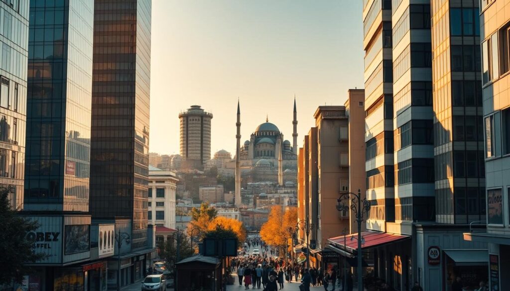 A vibrant cityscape of Istanbul, Turkey, bathed in warm, golden sunlight. In the foreground, a group of skyscrapers housing the headquarters of renowned forex brokers, their sleek, modern facades reflecting the bustling energy of the financial district. In the middle ground, a bustling street lined with cafes and shops, people going about their daily lives. In the background, the iconic silhouette of the Hagia Sophia and the Blue Mosque, a timeless reminder of the city's rich cultural heritage. The overall scene conveys a sense of prosperity, innovation, and the intersection of tradition and modernity that defines the Turkish forex industry.