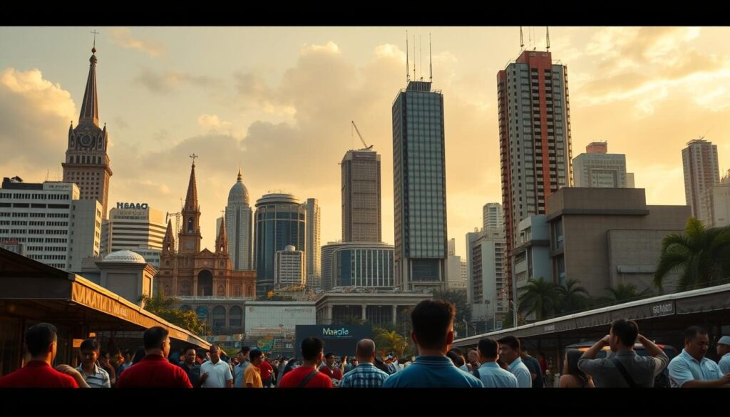 A vibrant cityscape of Manila's financial district, bathed in warm evening light. In the foreground, a bustling outdoor forex trading hub, with local traders gesturing animatedly as they discuss exchange rates and market trends. In the middle ground, towering high-rise buildings housing the headquarters of major Philippine banks and financial institutions. In the background, the iconic skyline of Manila, punctuated by the spires of historic churches and the gleaming facades of modern skyscrapers. The overall atmosphere conveys the energy and dynamism of the Philippine forex market, where local traders leverage their intimate knowledge of the domestic economy to navigate the global currency landscape.