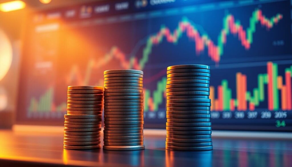 A vibrant, detailed illustration depicting the comparative fees of crypto trading versus stock trading. In the foreground, two stacks of coins - one representing cryptocurrency and the other traditional stocks - stand in contrast, their relative sizes conveying the differences in associated costs. The background features a sleek, futuristic interface with dynamic charts and graphs, illuminated by warm, directional lighting that casts subtle shadows, creating depth and dimensionality. The overall mood is one of clarity and financial insight, inviting the viewer to understand the nuances of trading fees across these two investment landscapes.