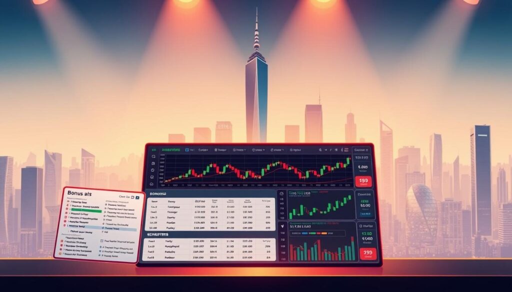 A vibrant, detailed illustration showcasing the diverse types of forex broker bonuses. In the foreground, a financial dashboard displays various bonus offers, their terms, and key features. The middle ground depicts forex trading charts, candlestick patterns, and market data visualizations. The background features a sleek, minimalist cityscape with skyscrapers, reflecting the global nature of the forex market. The lighting is crisp and professional, with a warm, inviting tone. The overall composition conveys a sense of informed decision-making and financial empowerment for the viewer.