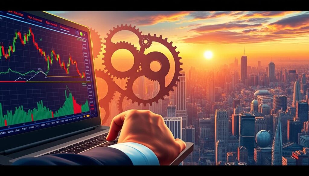A vibrant digital illustration showcasing Forex risk management strategies. In the foreground, a trader's hand meticulously plots risk-reward ratios on a sleek trading platform, surrounded by dynamic charts and real-time market data. In the middle ground, a maze of interlocking gears and cogs represents the complex machinery of risk management, with cautionary warning lights flashing. The background depicts a sweeping cityscape, hinting at the global scale of the Forex market, bathed in a warm, golden light that conveys a sense of prudence and security. The overall composition evokes a balance between the analytical rigor and the broader strategic vision required for effective Forex risk management.