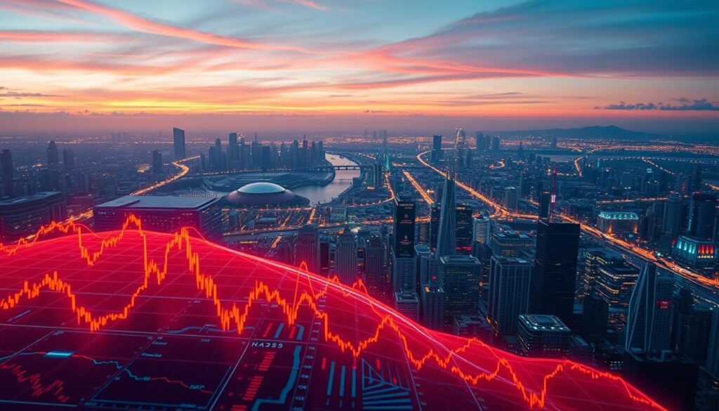 A vibrant, dynamic display of the forex market trends in 2025. In the foreground, a captivating heatmap visualizes the real-time fluctuations of currency pairs, with data points pulsing and undulating against a sleek, futuristic interface. The middle ground showcases various technical indicators and analytical tools, offering a comprehensive overview of the market's trajectory. In the background, a panoramic cityscape unfolds, reflecting the global interconnectedness of the forex ecosystem, with skyscrapers and high-tech infrastructure casting long shadows under a vibrant, almost neon-lit sky. The overall mood is one of excitement, innovation, and the relentless pursuit of financial opportunities in the ever-evolving world of foreign exchange.