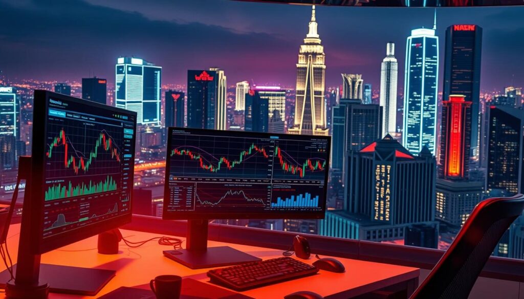 A vibrant, dynamic forex trading landscape, with a central focus on a trader's desk. The foreground features a sleek, modern computer setup, complete with multiple monitors displaying real-time market data and analysis tools. In the middle ground, a array of financial charts and graphs, depicting the ebb and flow of currency fluctuations. The background showcases a bustling cityscape, with skyscrapers and financial institutions, setting the scene for the global nature of forex trading. The lighting is warm and inviting, conveying a sense of professionalism and expertise. The overall atmosphere is one of precision, technology, and the thrill of financial markets.
