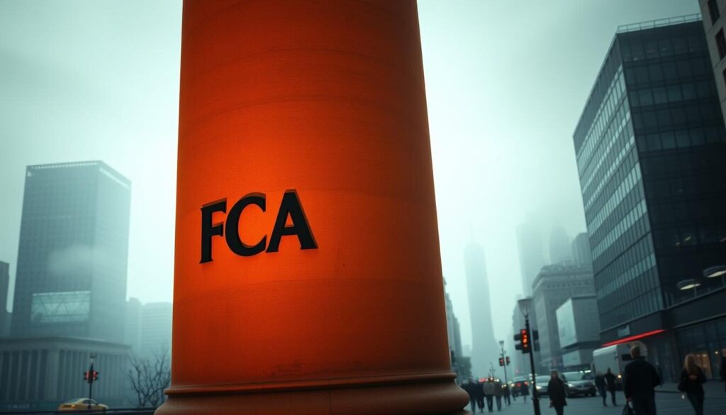A vibrant, dynamic image showcasing the importance of FCA regulation in the financial industry. Foreground features a sturdy, towering column representing the FCA, illuminated by warm, amber lighting that casts long, dramatic shadows. Middle ground depicts a bustling financial district, with sleek skyscrapers and busy pedestrians, emphasizing the regulated landscape. The background is shrouded in a hazy, ethereal glow, suggesting the far-reaching influence of FCA oversight. The overall scene conveys a sense of security, stability, and the vital role regulation plays in maintaining a thriving, trustworthy financial ecosystem.