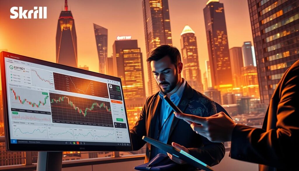A vibrant, dynamic scene of a Skrill forex trading platform. In the foreground, a sleek, intuitive user interface with real-time market data, trade execution tools, and portfolio analytics. The middle ground features a pair of professional traders, one studying charts with intense focus, the other making a decisive trade on a high-resolution touchscreen. In the background, a cityscape of towering skyscrapers and bustling financial activity, bathed in warm, golden lighting that conveys a sense of productivity and prosperity. The overall mood is one of efficiency, technology, and the thrill of navigating the forex markets with the support of a reliable, user-friendly payment solution.