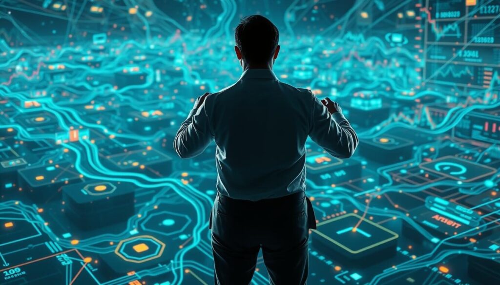 A vibrant financial landscape, with fluid streams of capital coursing through a maze of interconnected systems. In the foreground, a figure stands confidently, their hands manipulating the digital levers of liquidity and leverage management. Soft, ethereal lighting illuminates the scene, casting subtle shadows that hint at the complexities of this financial dance. The middle ground is a tapestry of charts, graphs, and data visualizations, each element a testament to the intricate balance required to navigate the volatile world of Forex trading. In the background, a kaleidoscope of colors and geometric shapes reflects the ever-changing nature of the market, a constant reminder of the need for agility and adaptability in risk management.
