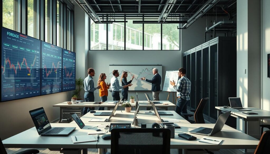 A vibrant forex trading office, illuminated by natural light filtering through tall windows. In the foreground, a large digital display showcases real-time market data and trading strategies. Scattered across the modern, minimalist desks are laptops, charts, and notepads, conveying a sense of focused activity. The middle ground features a team of analysts and marketers, gesticulating animatedly as they discuss marketing tactics on a large whiteboard. In the background, a sleek, high-tech server room hums with the processing power required to power the complex forex algorithms. The overall atmosphere is one of innovation, dynamism, and a relentless pursuit of success in the fast-paced world of online currency trading.