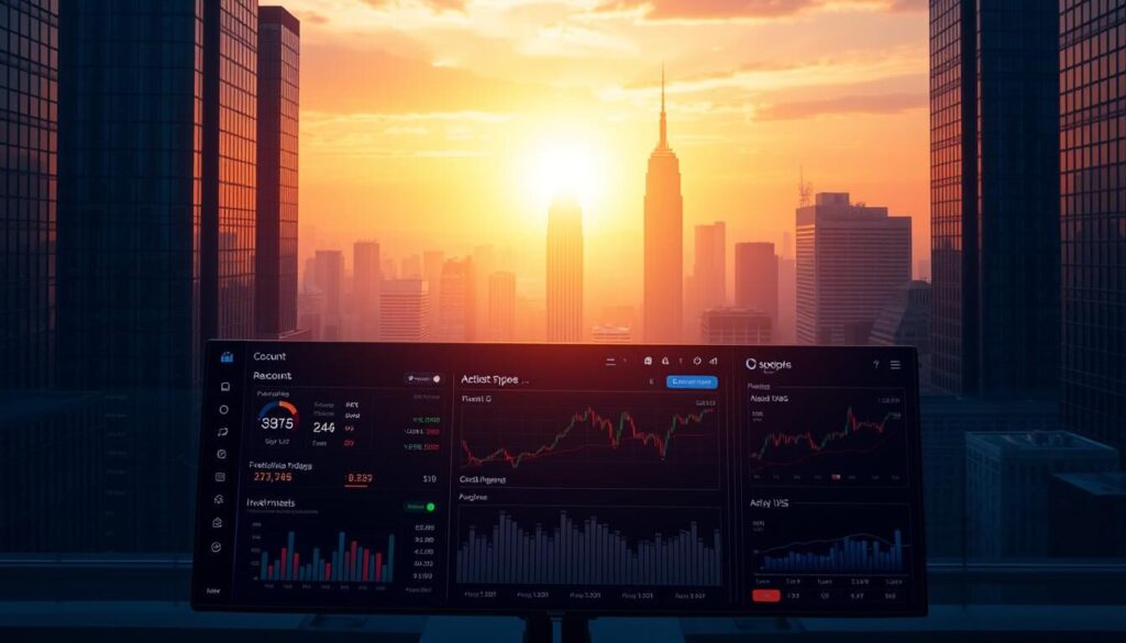A vibrant, high-contrast image of a dynamic trading platform interface. In the foreground, a sleek, modern dashboard displays various account types and investment options, with intuitive data visualizations and interactive charts. The middle ground features a clean, minimalist layout with clean typography and subtle brand elements. In the background, a cityscape of towering skyscrapers is illuminated by a warm, golden sunset, conveying a sense of financial sophistication and opportunity. The lighting is dramatic, creating a sense of depth and emphasizing the state-of-the-art technology of the platform. The overall mood is one of innovation, efficiency, and growth, reflecting the cutting-edge nature of the trading experience.