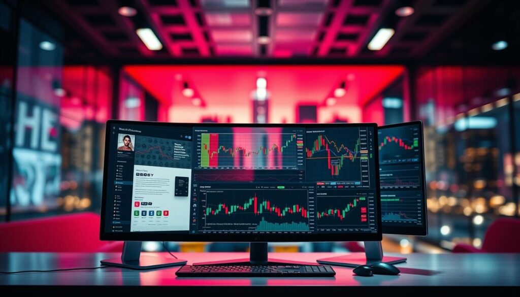 A vibrant, high-contrast scene showcasing a side-by-side comparison of multiple forex brokers. In the foreground, a sleek, modern desktop displays detailed broker profiles, with clear graphics and intuitive interfaces. In the middle ground, various financial charts and graphs dynamically update, demonstrating the brokers' trading platforms. The background is a blurred cityscape, hinting at the global reach and professional setting of the forex industry. Crisp lighting from multiple angles highlights the informative, analytical nature of the scene. The overall mood is one of informed decision-making, with a sense of authority and expertise.