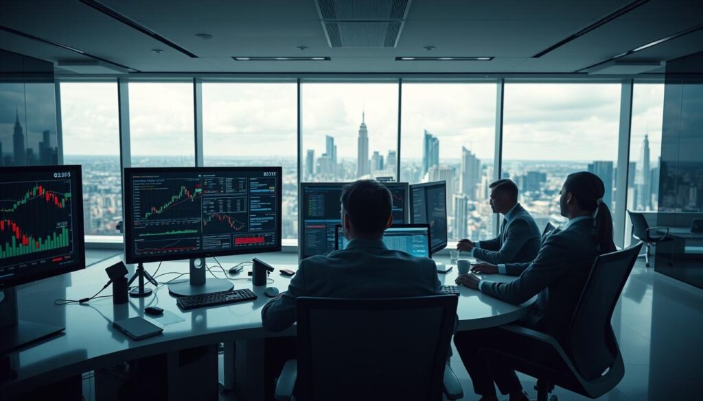 A vibrant, high-resolution image of a modern forex trading desk in 2025. The foreground features several high-resolution computer monitors displaying real-time forex market data, charts, and trading platform interfaces. The middle ground showcases a team of professional forex brokers intently focused on their trading activities, dressed in business attire. The background depicts a sleek, minimalist office environment with floor-to-ceiling windows providing a panoramic view of a futuristic cityscape. Soft, diffused lighting creates a sense of sophistication and authority. The overall scene conveys a professional, cutting-edge atmosphere suitable for evaluating top forex brokers and their offerings.