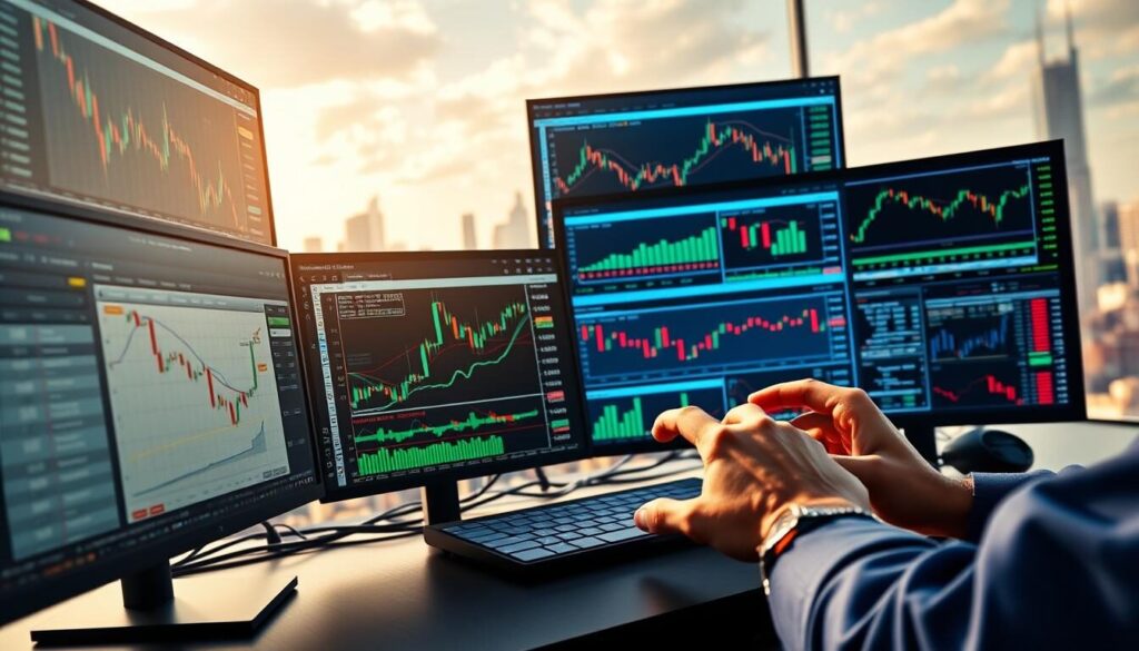 A vibrant, high-resolution image of forex trading strategies. A three-dimensional desktop setup with multiple computer screens, each displaying different types of forex charts, indicators, and trading platforms. The foreground features a trader's hands interacting with the screens, while the middle ground shows various financial data and analytical tools. The background depicts a cityscape with skyscrapers, reflecting the global nature of the forex market. The scene is illuminated by a warm, natural light, creating a sense of focus and productivity. The overall atmosphere conveys the complexity and dynamism of forex trading strategies across different timeframes.