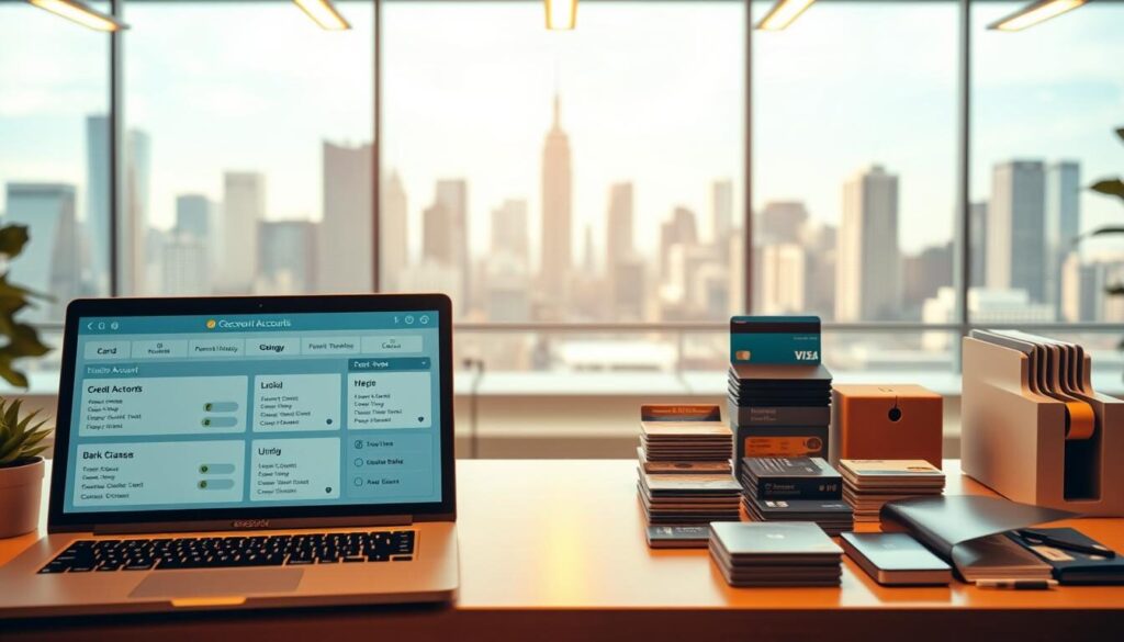 A vibrant, modern financial center with a variety of account options and funding methods prominently displayed. In the foreground, a laptop screen shows different account types and their features. In the middle ground, various payment methods like credit cards, bank transfers, and digital wallets are arranged neatly. The background features a cityscape of skyscrapers, conveying a sense of financial stability and opportunity. The lighting is warm and inviting, with a focus on clean, minimalist design. The overall atmosphere is one of professionalism, accessibility, and growth, reflecting the subject of the article.