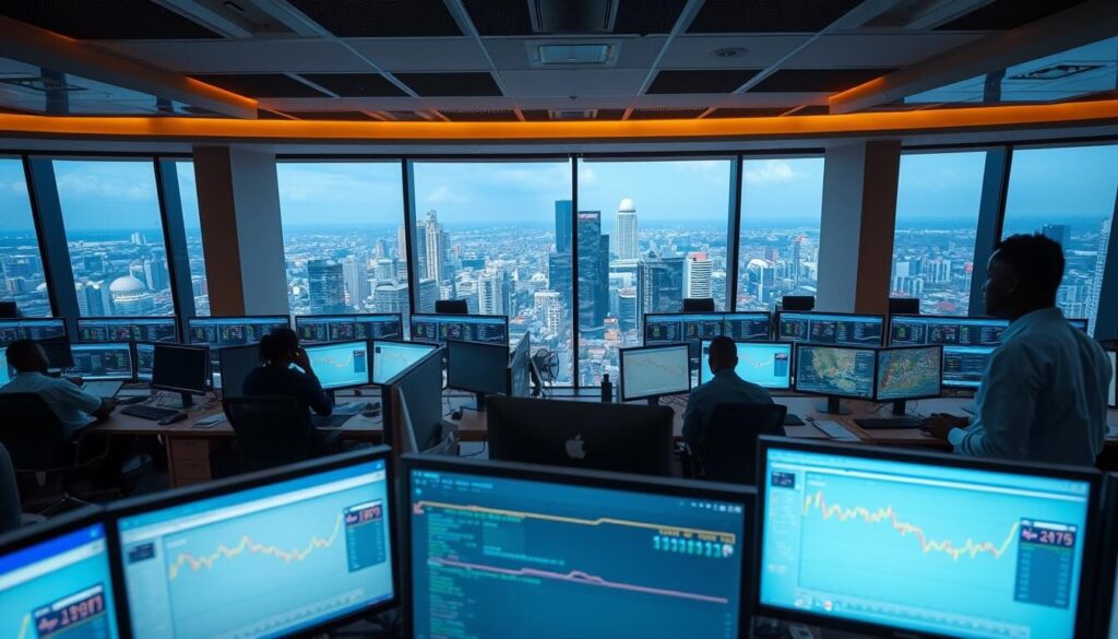 A vibrant trading platform in Ghana, showcasing the bustling financial landscape. A modern office interior with sleek workstations, multiple computer screens, and a panoramic view of the city skyline through floor-to-ceiling windows. The space is filled with a sense of energy and professionalism, with traders actively monitoring the markets and making informed decisions. Subtle lighting casts a warm glow, highlighting the focus and concentration of the workforce. The scene conveys the dynamism and growth of the Ghanaian financial sector, offering a glimpse into the tools and technology powering the country's trading opportunities.