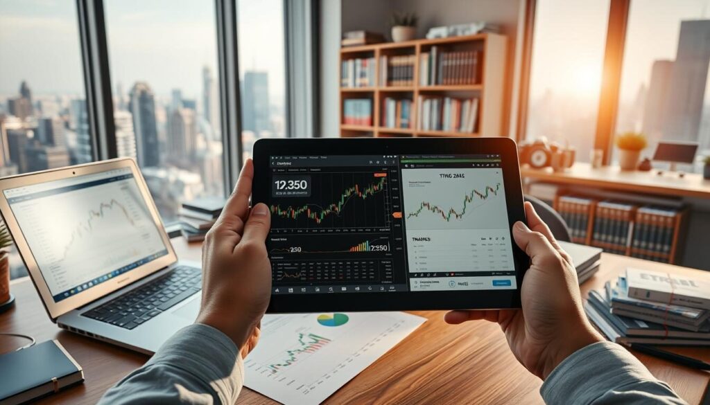 A vibrant, well-lit workspace with an open laptop, financial charts, and educational resources scattered across a wooden desk. In the foreground, hands holding a tablet display trading tutorials and analysis tools. The middle ground features a neatly organized bookshelf with finance textbooks and trading manuals. In the background, a large window overlooking a bustling city skyline, casting a warm, natural light across the scene. The overall atmosphere is one of focus, productivity, and a passion for mastering the financial markets.