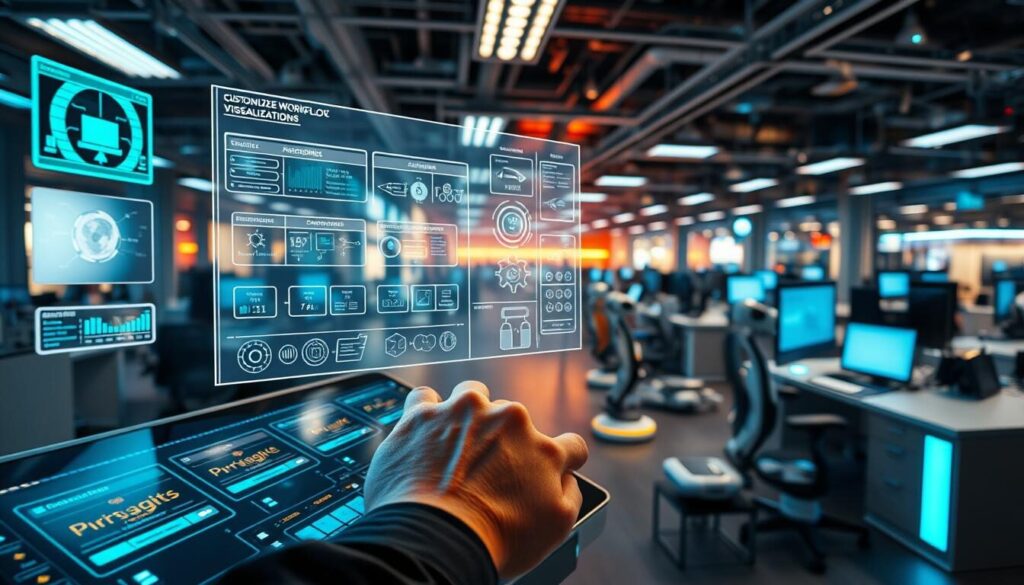 A vibrant workspace filled with digital interfaces and automation tools. In the foreground, a person's hands effortlessly navigate a sleek, futuristic control panel, directing the flow of digital processes. The middle ground features a holographic projection displaying customizable workflow visualizations, allowing for seamless task management and optimization. In the background, a panoramic view of a bustling, tech-driven office environment, with autonomous robots and intelligent systems seamlessly integrating to create a flexible, efficient work ecosystem. The scene is bathed in a warm, ambient lighting, conveying a sense of productivity and innovation.