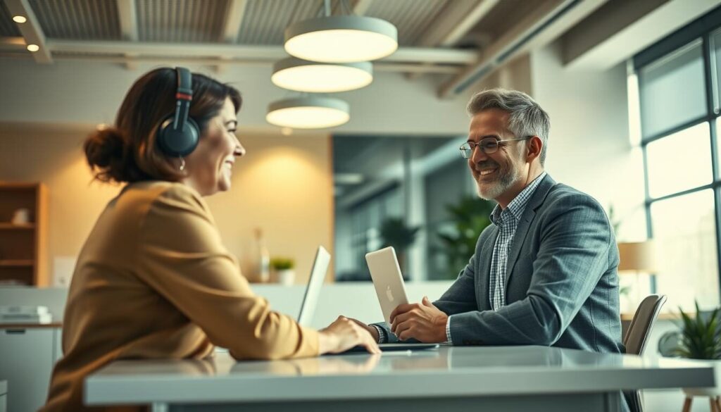 A warmly lit modern office interior, with a customer service agent seated at a clean, organized desk, engaged in a friendly and attentive conversation with a satisfied client. The agent's expression conveys patience, empathy, and a genuine desire to provide excellent support. The background features a minimalist, professional decor with tasteful accents, evoking an atmosphere of trust and reliability. Soft, diffused lighting from overhead fixtures creates a welcoming ambiance, while the camera angle captures the interaction from an eye-level perspective, drawing the viewer into the scene.