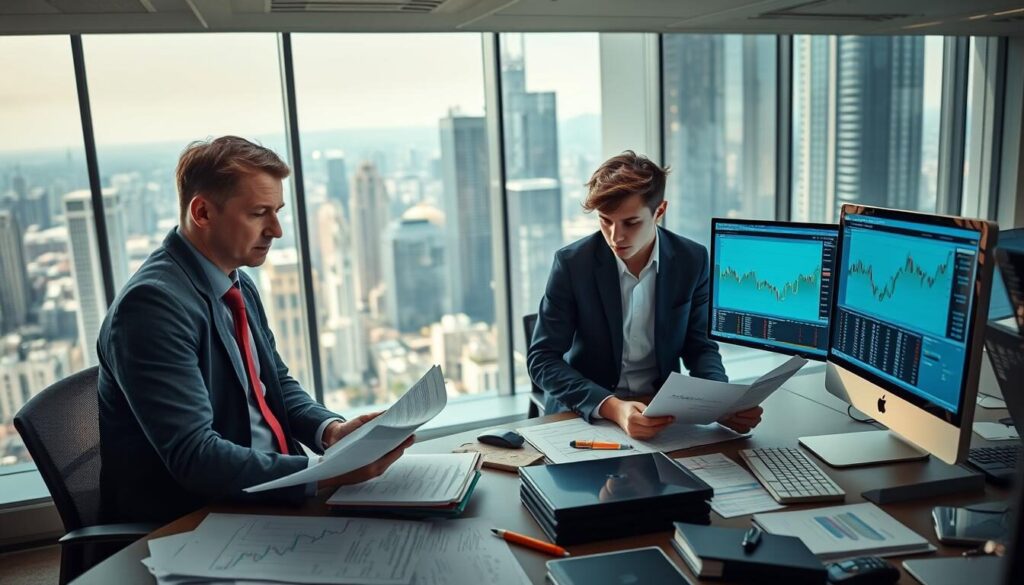 A well-lit and airy trading desk with a panoramic view of a bustling financial district. On the desk, an array of trading charts, graphs, and analytical tools, alongside a laptop displaying real-time market data. In the foreground, a seasoned trader reviewing their notes, while a younger trader looks on, eager to learn. The overall atmosphere conveys a sense of focused determination, with a touch of warmth and camaraderie, reflecting the diverse experiences and perspectives of both beginner and experienced traders.