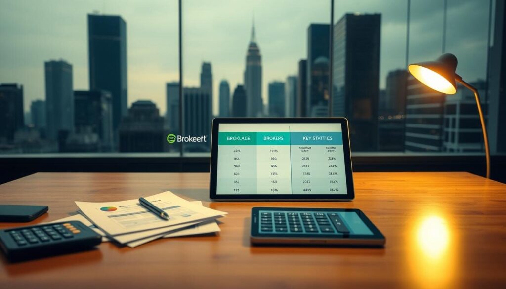 A well-lit desk scene showcasing a broker comparison chart. In the foreground, a polished wooden table displays financial documents, a calculator, and a tablet displaying brokerage details. In the middle ground, two brokers' logos and key statistics are prominently displayed, inviting a side-by-side comparison. The background features a cityscape with skyscrapers, conveying a sense of the professional financial world. The lighting is warm and focused, creating a sense of authority and expertise. The overall mood is one of analytical decision-making, with a modern, sophisticated aesthetic.