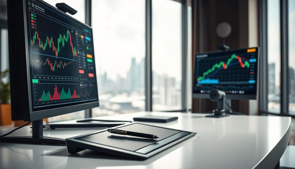A well-lit, detailed composition of modern forex trading tools and equipment. In the foreground, display a high-resolution desktop computer monitor showcasing various forex charting and analytics software. Place a high-quality digital pen tablet and stylus on a sleek, minimalist desk. In the middle ground, include a professional-grade forex trading keyboard and a compact, high-resolution webcam. In the background, show a clean, contemporary office space with a large window providing natural lighting and a scenic city skyline view. Convey a sense of productivity, technical sophistication, and the precision required for successful forex trading.