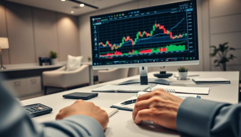 A well-lit, detailed forex trading desk with a large monitor displaying real-time market data and charts. In the foreground, a professional trader's hands are shown analyzing the graphs, with various technical indicators and analysis tools visible on the screen. The middle ground features carefully organized trading tools, such as a calculator, notebook, and pen. The background showcases a serene, corporate office environment with neutral-toned furnishings and subtle lighting, creating a focused, analytical atmosphere.