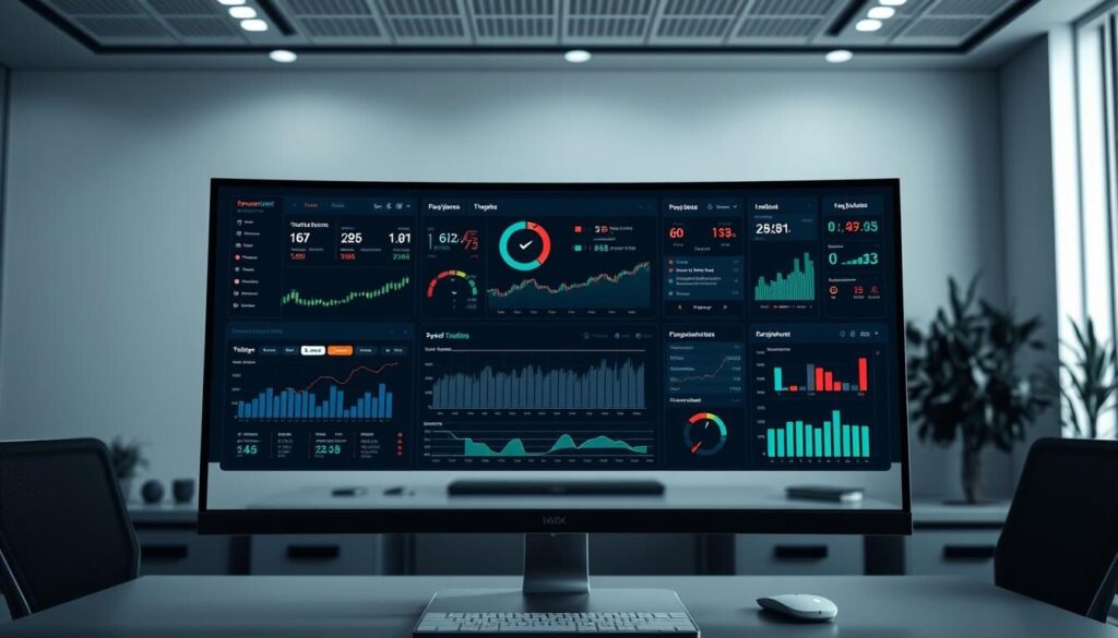 A well-lit, detailed trading dashboard displayed on a modern computer monitor, showcasing a range of real-time performance metrics and analytics. The foreground should feature a clear, organized presentation of key indicators such as profit/loss, trade volume, win/loss ratio, and other customizable visualizations. The middle ground could include interactive charts, graphs, and data tables providing deeper insights into market trends and trading strategies. The background should depict a minimalist, high-tech office environment with clean lines, subtle textures, and muted colors to create a professional, analytical atmosphere. The overall composition should convey a sense of control, efficiency, and data-driven decision-making.