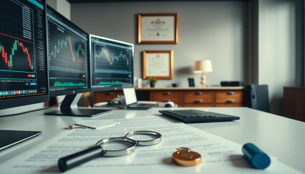 A well-lit, high-angle view of a professional forex trading workspace. In the foreground, a desk with multiple computer monitors displaying detailed financial charts and graphs. In the middle ground, a desktop with a magnifying glass, regulatory documents, and a security token device. The background features a wall-mounted diploma or certificate, symbolizing the broker's compliance and licensing. The overall scene conveys a sense of security, trust, and attention to detail, reflecting the importance of trading with a regulated forex broker.