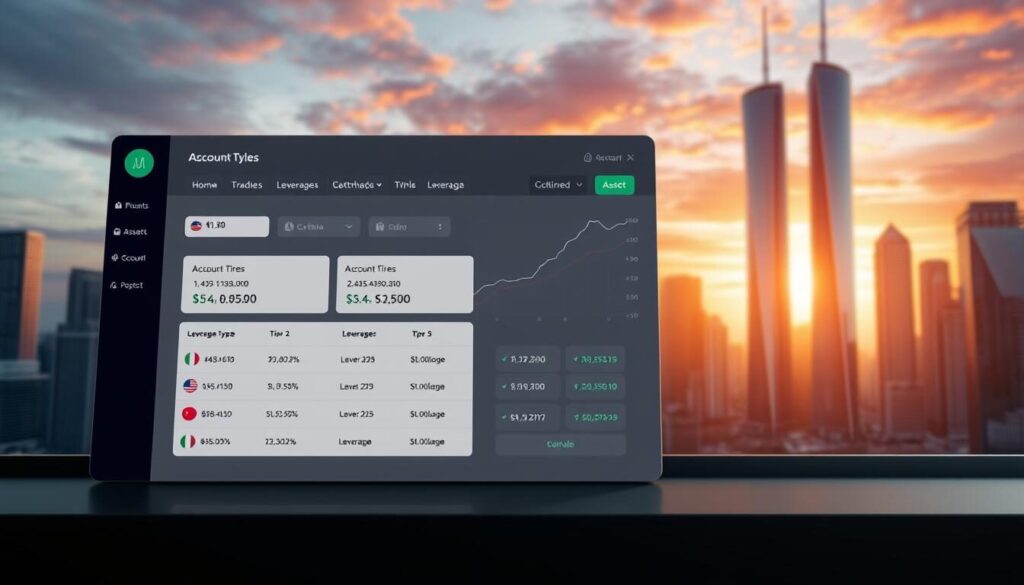 A well-lit, high-resolution 3D render of a modern forex trading platform dashboard, showcasing various account types and leverage options. In the foreground, a clean user interface displays different account tiers, each with customizable leverage ratios. The middle ground features a line graph charting asset performance, while the background depicts a sleek cityscape with skyscrapers against a vibrant sky. The overall scene conveys a sense of power, control, and financial opportunity.