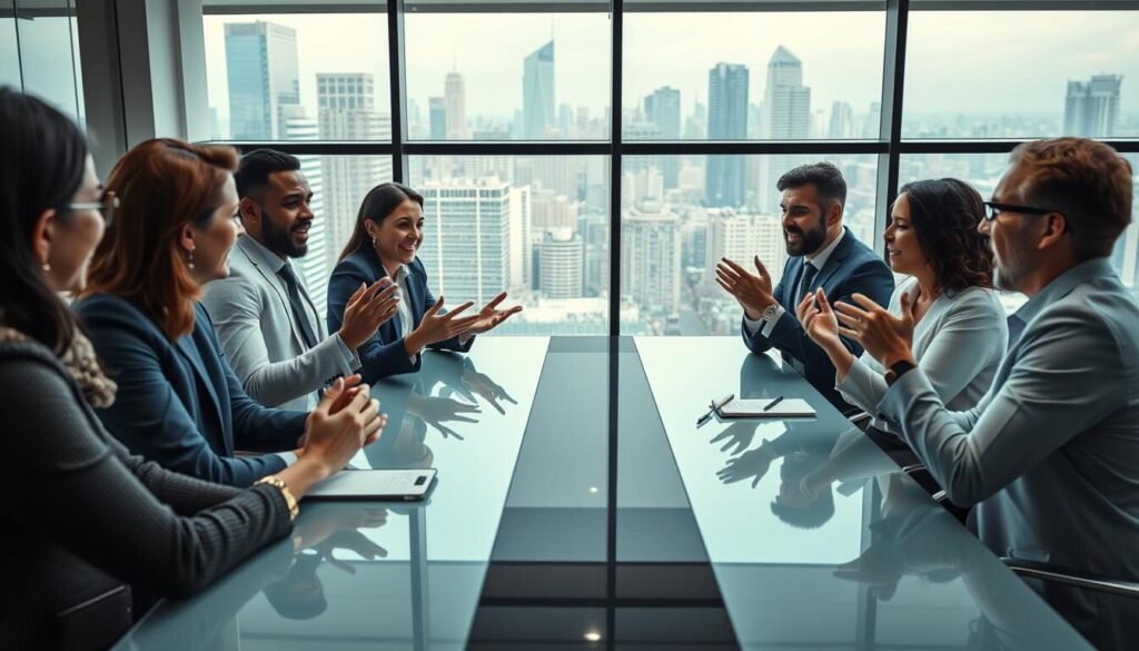 A well-lit, high-resolution close-up image of a diverse group of financial experts passionately discussing webmoney forex broker insights. The foreground features their animated faces and hands gesturing expressively, while the middle ground shows them gathered around a sleek, high-tech conference table. The background depicts a sophisticated, minimalist office environment with large windows overlooking a bustling city skyline. The overall mood is one of professional authority, deep market knowledge, and insightful analysis.