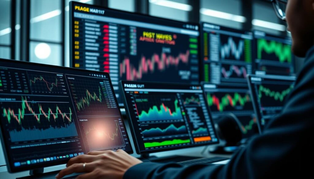 A well-lit, high-resolution close-up view of a modern trading platform interface, showcasing a range of intuitive tools and analytics dashboards. The foreground features sleek and responsive touch-enabled charts, graphs, and order entry panels with clean typography and precise data visualizations. The middle ground displays a customizable workspace with dockable windows, allowing the user to monitor multiple markets and customize their trading experience. In the background, a sophisticated risk management suite and advanced order execution modules are visible, conveying a sense of power and control. The overall mood is one of efficiency, precision, and professional-grade trading capabilities.